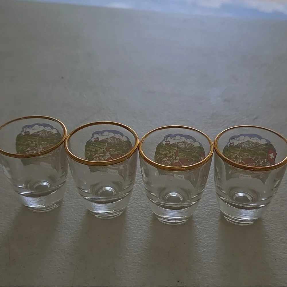 Set of 4 Glass Shot Glasses Clear Gold Rim Scenic Painted Travel Souvenir